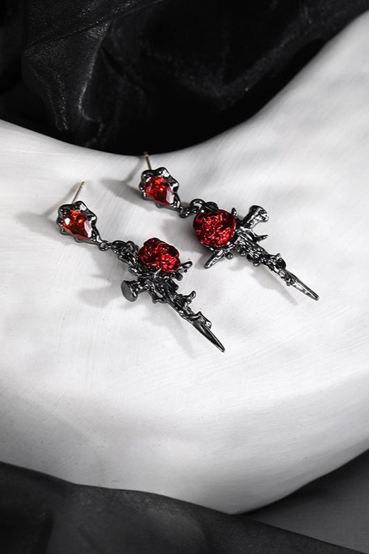 Gothic Red Rose Cross Earrings