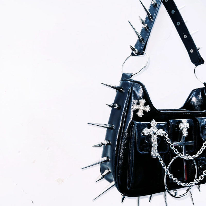 Cross applique rivet zip-up handbag | Festival Outfits Women