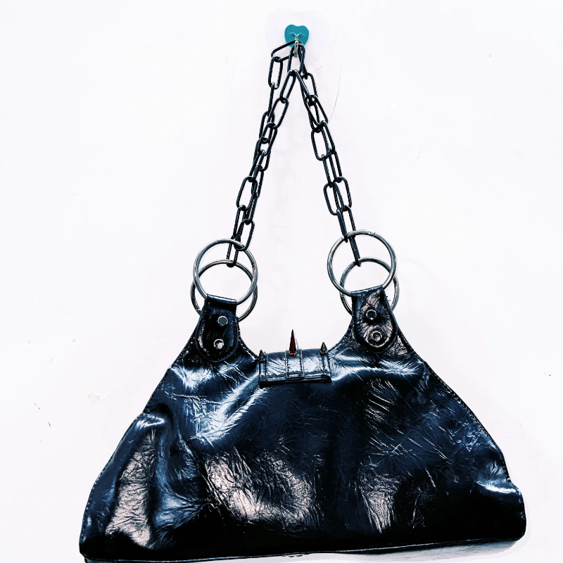 PU leather skull applique metal chain rivet handbag | Festival Outfits Women