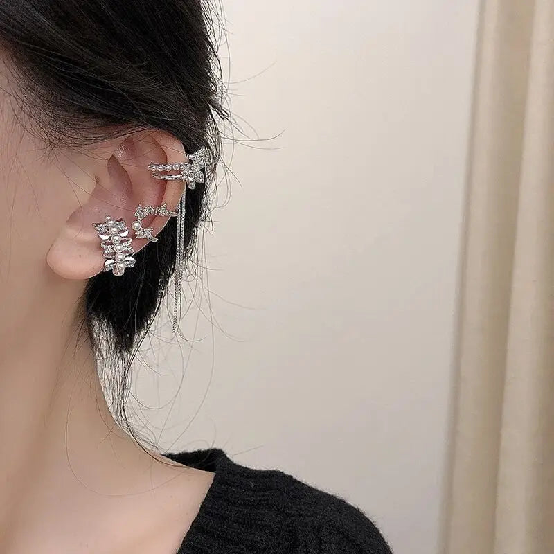 Korean Delicate Zircon Butterfly Clip Earrings for Women Elegant Pearl No Piercing Cartilage Jewelry