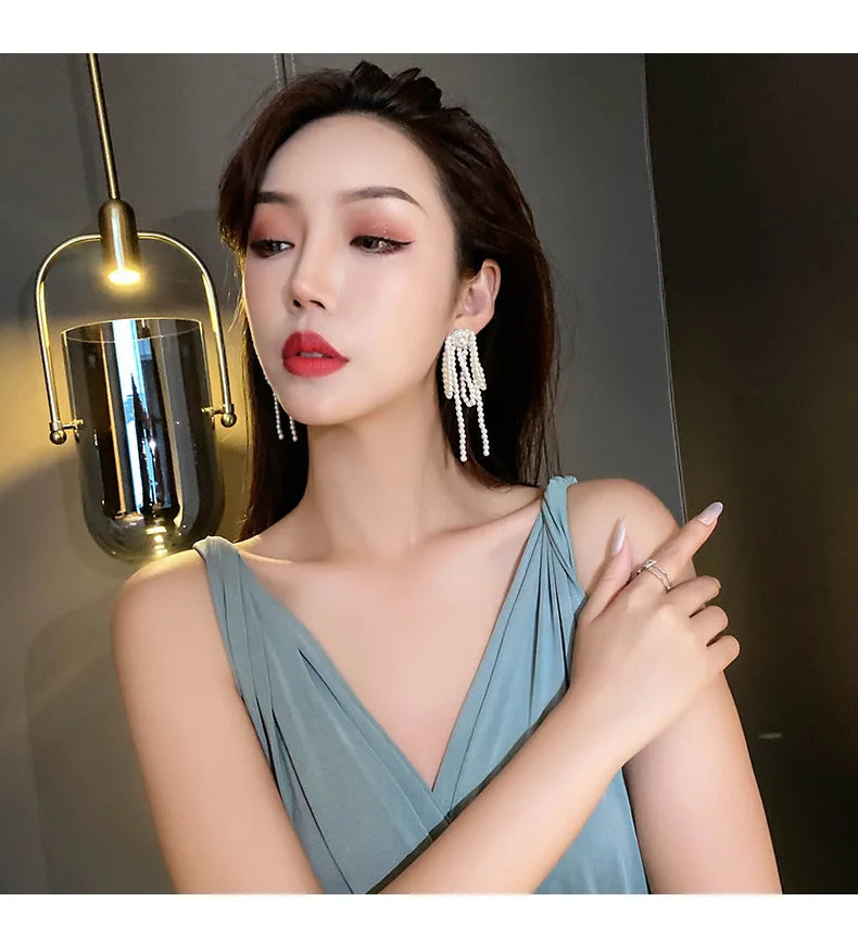 Korean Pearl Knot Big Clip Earrings Long Design by Lizakosht
