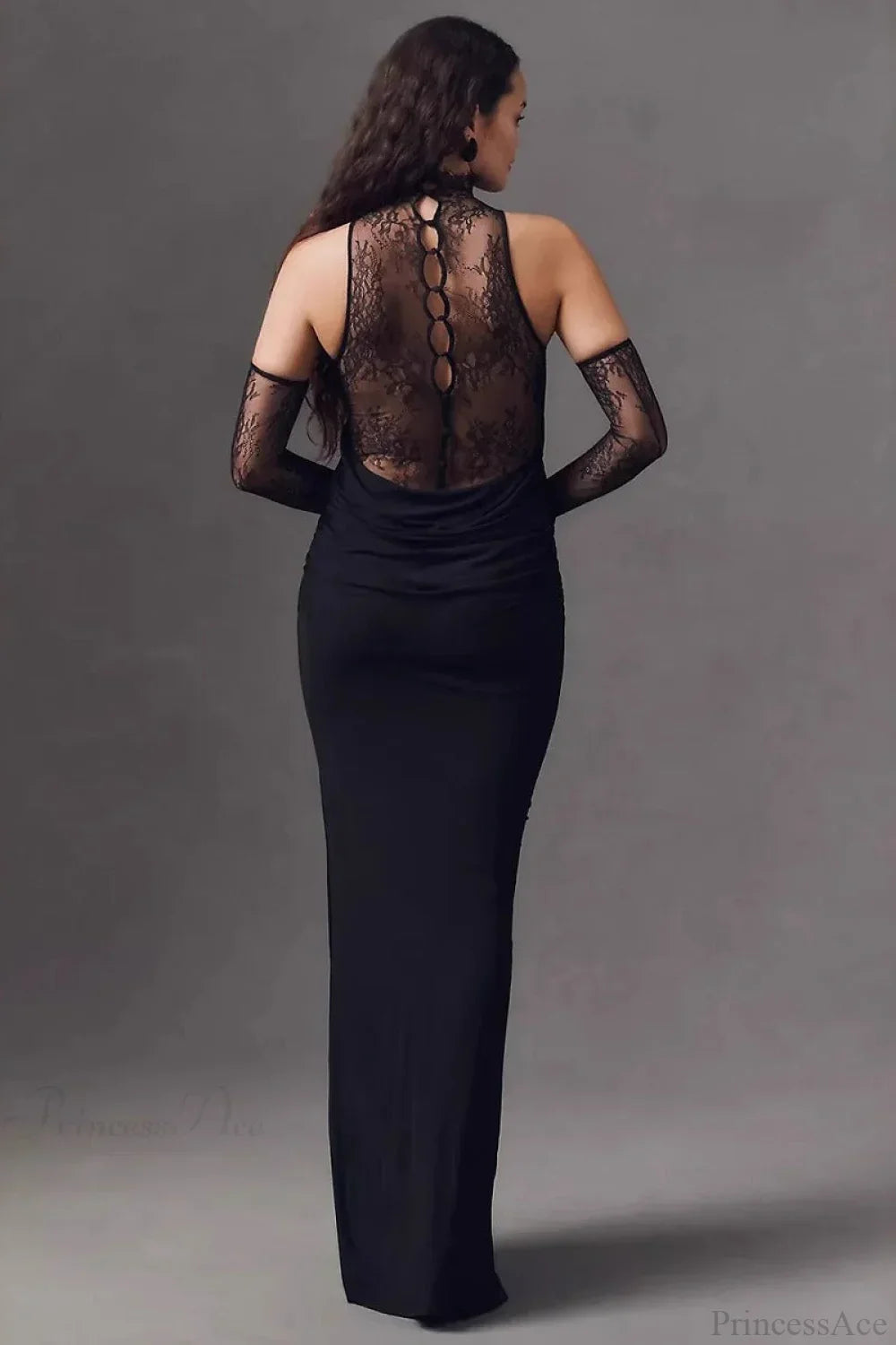 Halter Lace Paneled Deep V Ruched Evening Dress