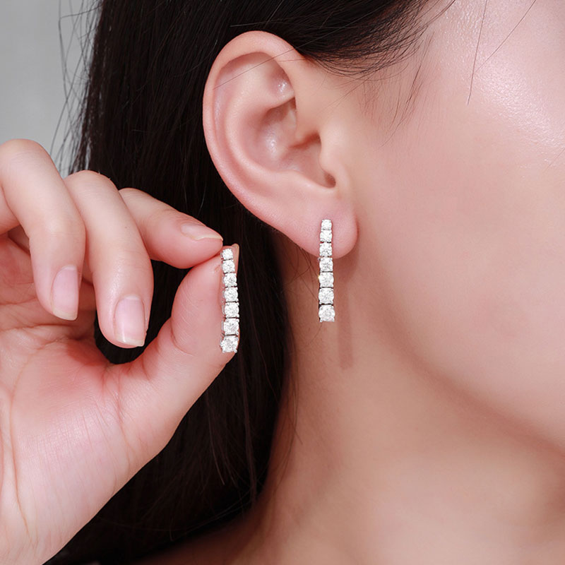 Sterling Silver Moissanite Linear Drop Earrings with Iced Out Design