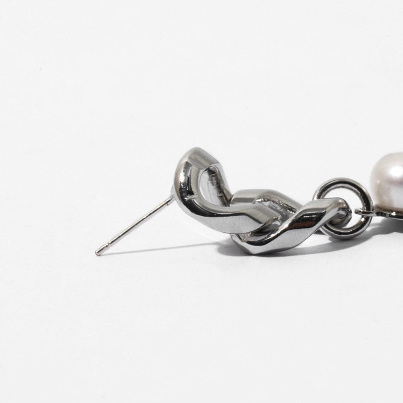 Coin Pearl Pendant Chunky Chain Earrings - Silver