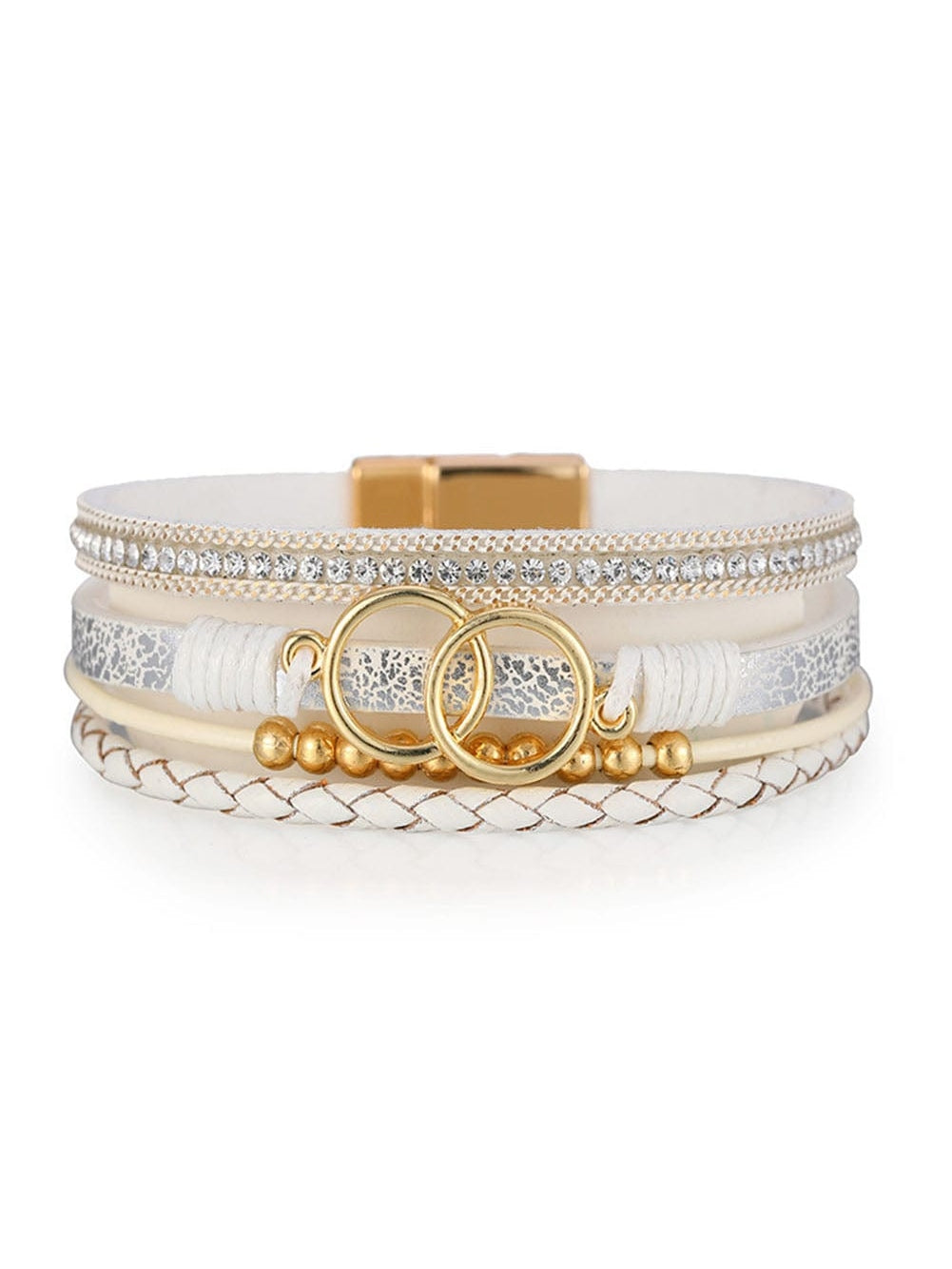 White Rhinestone Patchwork Boho Bracelet with Buckle Detail