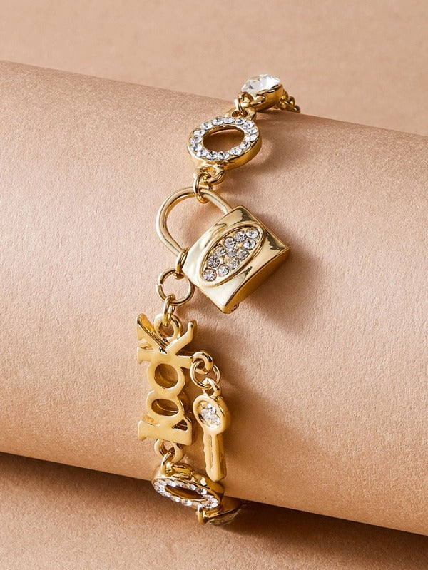 1pc Rhinestone Decor Lock & Key Charm Bracelet for Women