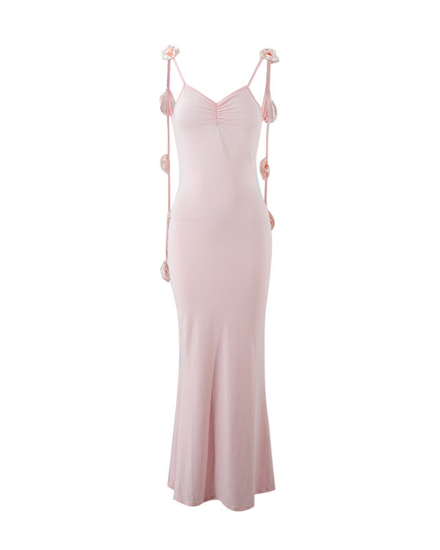 Backless Strap 3D Flower Decorated Suspender Evening Dress