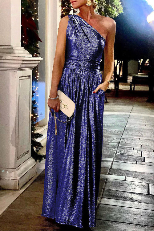 Sexy Elegant Solid Bronzing Sequined Oblique Collar Evening Dress Dresses(2 Colors)