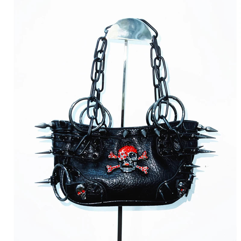 Metal chain o ring skull applique PU leather handbag  | Festival Outfits Women