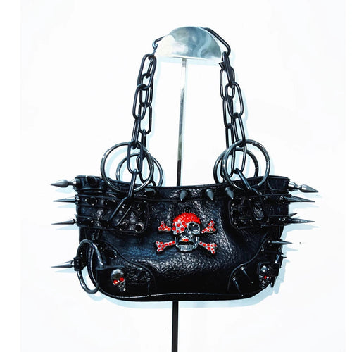 Metal chain o ring skull applique PU leather handbag  | Festival Outfits Women