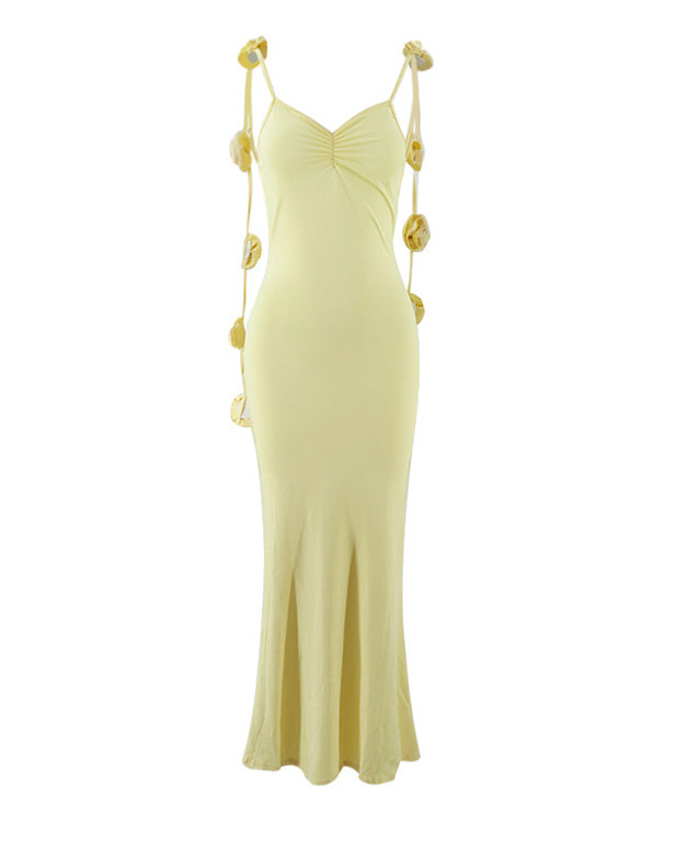 Backless Strap 3D Flower Decorated Suspender Evening Dress