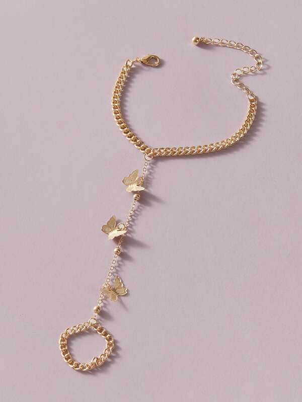 1pc Butterfly Charm Finger Ring Chain Bracelet for Women