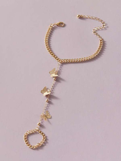 1pc Butterfly Charm Finger Ring Chain Bracelet for Women