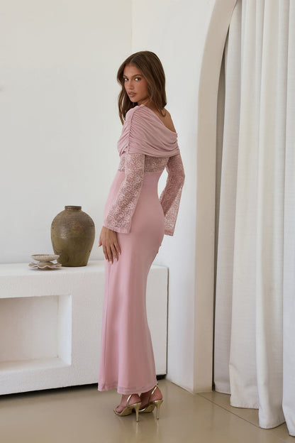 Camille Off Shoulder Mesh Maxi Dress Pink
