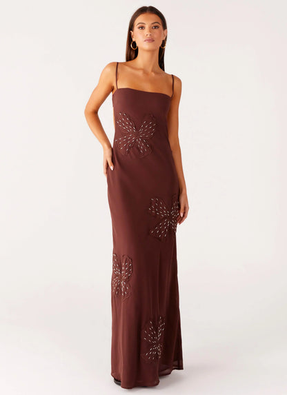 Bayla Beaded Flower Maxi Dress - Chocolate