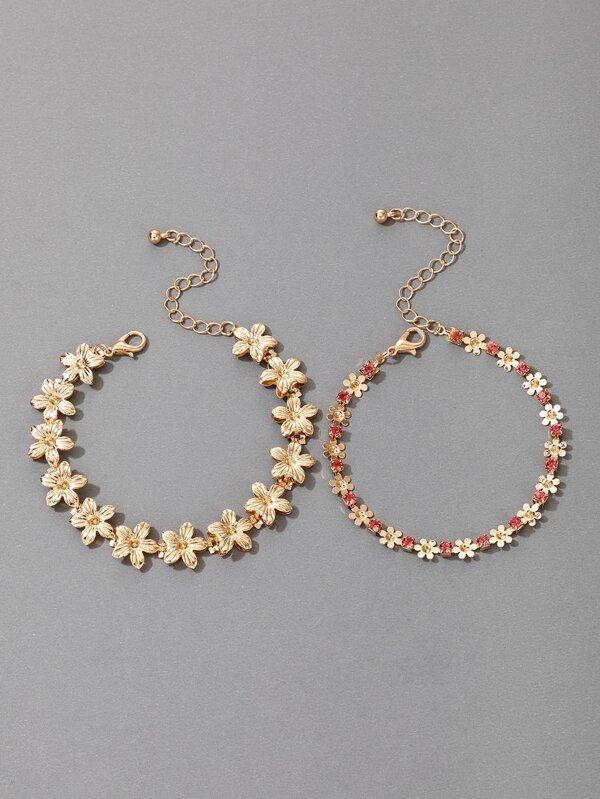 2pcs Rhinestone Flower Decor Bracelet for Women