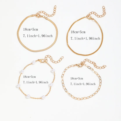 4-Piece Bohemian Paperclip Faux Pearl Snake Chain Bracelet Set
