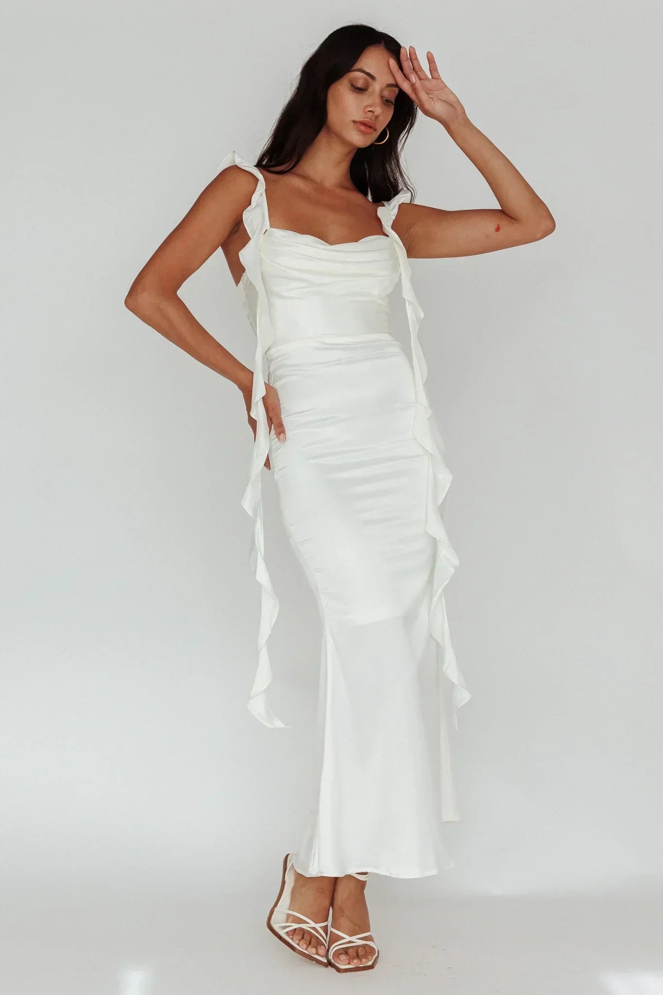 Blushing Ruffle Trim Midi Dress Oyster
