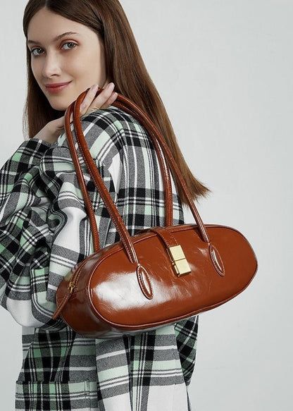 Oval Patent Leather Top Handle Bag – Chic Structured Handbag for Women