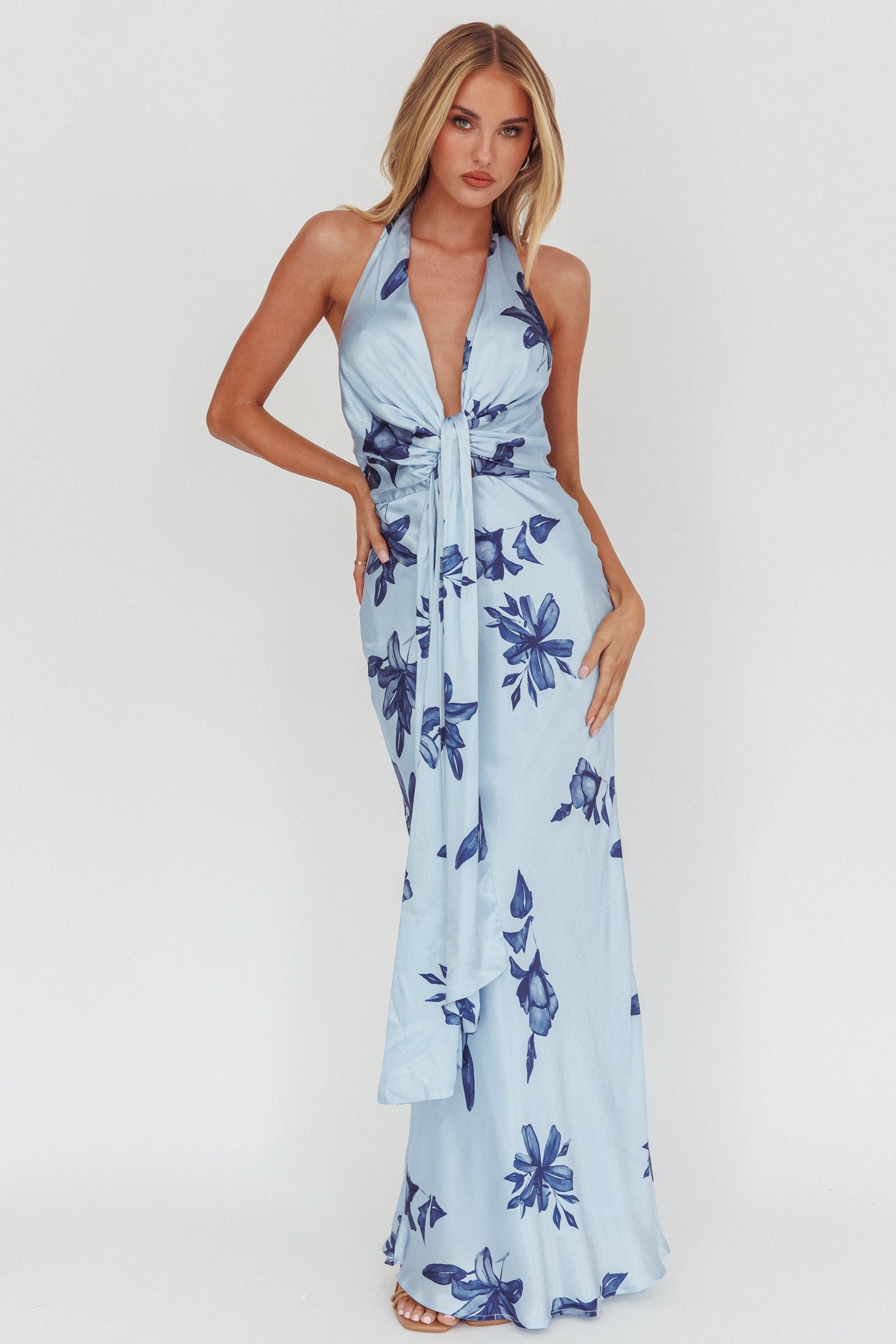 Make Believe Plunging Halterneck Maxi Dress Floral Navy