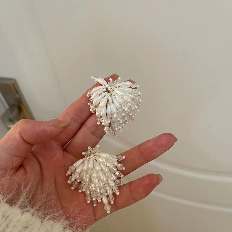 Pearl Crystal Fringed Flower Earrings Elegant Personality Studs Ms Jewelry from South Korea