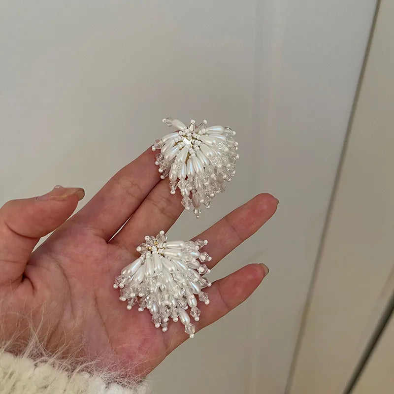 Pearl Crystal Fringed Flower Earrings Elegant Personality Studs Ms Jewelry from South Korea