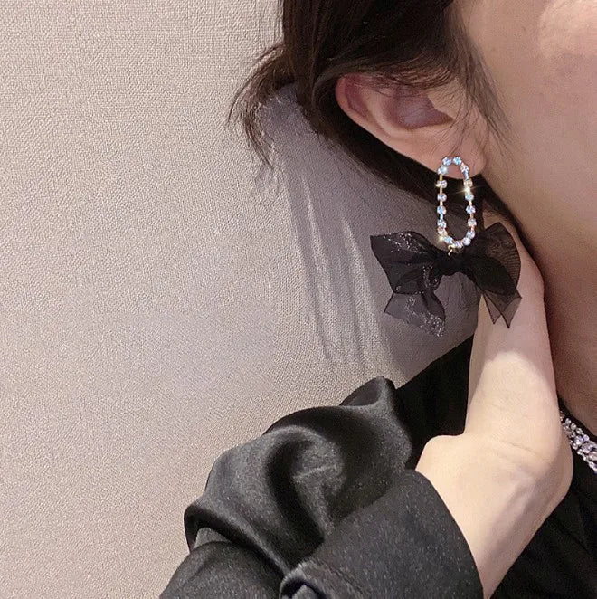 Korean Dangle Drop Earrings Black Tulle Yarn Rhinestone Bow Knot Kawaii Fashion Jewelry for Women Fall Winter