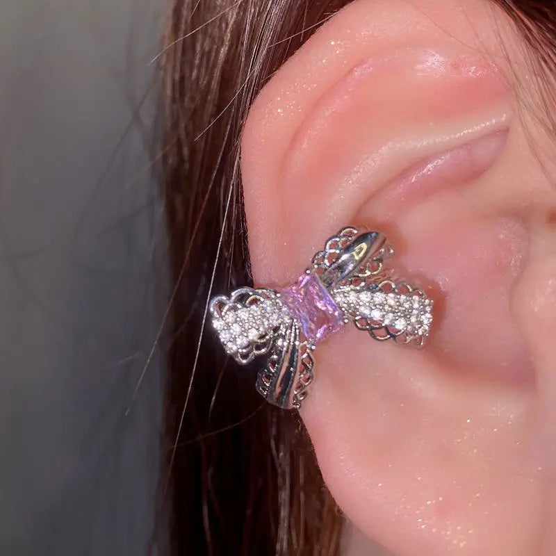 Korean Pink Crystal Bowknot Clip Earrings for Women Elegant Pearl Zircon No Piercing Cartilage Jewelry
