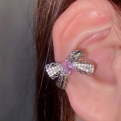 Korean Pink Crystal Bowknot Clip Earrings for Women Elegant Pearl Zircon No Piercing Cartilage Jewelry