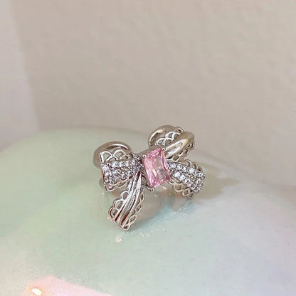 Korean Pink Crystal Bowknot Clip Earrings for Women Elegant Pearl Zircon No Piercing Cartilage Jewelry