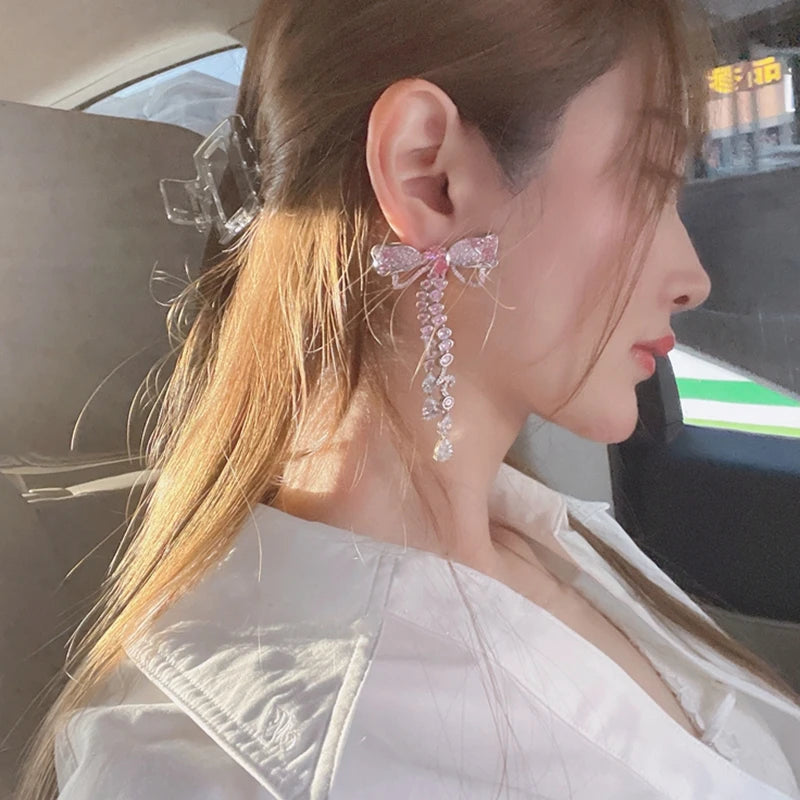 Korean Luxury Elegant Pink Crystal Bowknot Drop Earrings for Women and Girls Fashion Rhinestone Long Jewelry