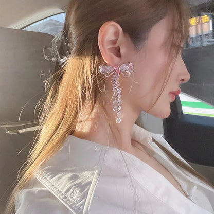 Korean Luxury Elegant Pink Crystal Bowknot Drop Earrings for Women and Girls Fashion Rhinestone Long Jewelry