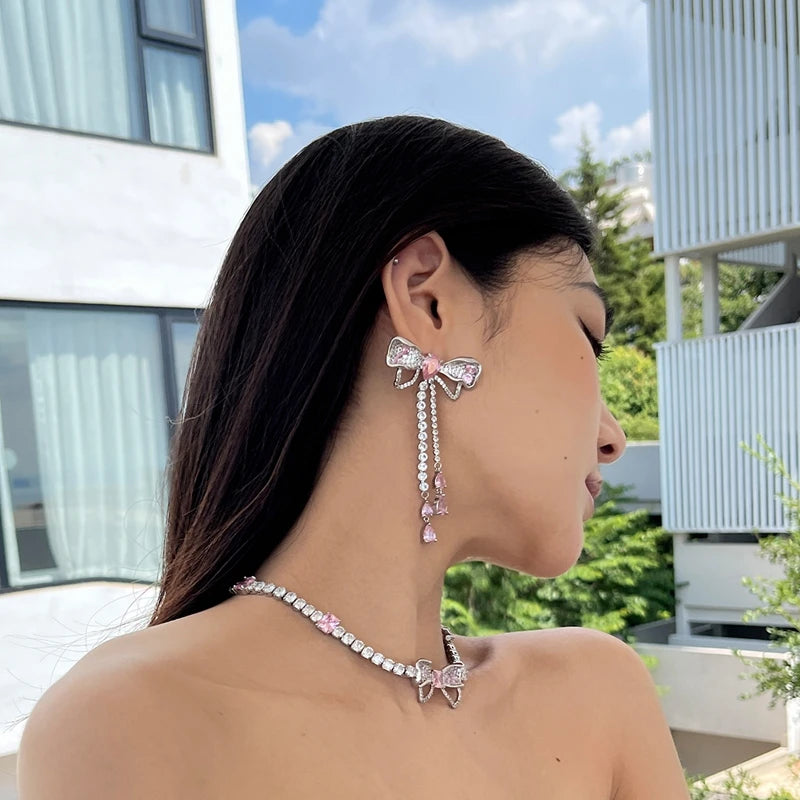 Korean Luxury Elegant Pink Crystal Bowknot Drop Earrings for Women and Girls Fashion Rhinestone Long Jewelry