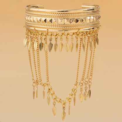 Metal Leaf Coin Tassel Open Bracelet