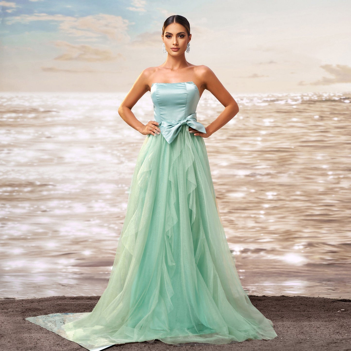 Women Clothing Sleeveless Wrapped Chest Slim Waist Cocktail Wide Hem Gauzy Evening Dress
