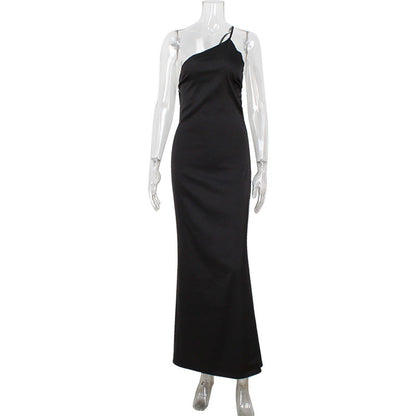 Women Slim Fit Elegant Diagonal Collar Strap Backless Solid Color Mop Evening Dress Women