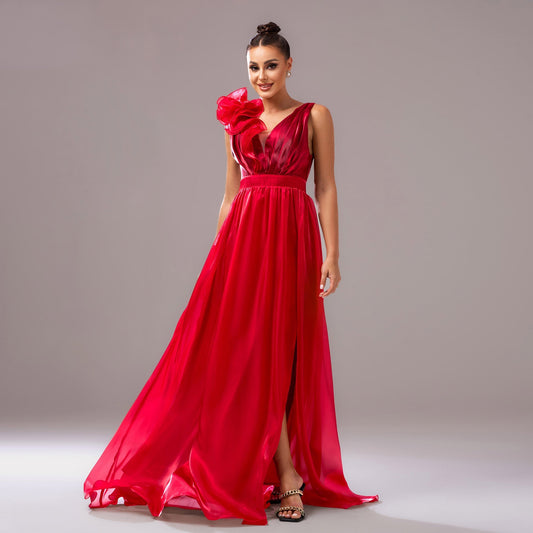 Women Clothing Advanced Sleeveless V neck Slim Fit Sheath Split Cocktail Fishtail Evening Dress