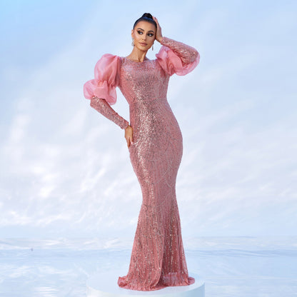 High End Long Sleeve Crew Neck Sexy Long Sequined Cocktail Evening Dress Bridesmaid Dress Dress Women