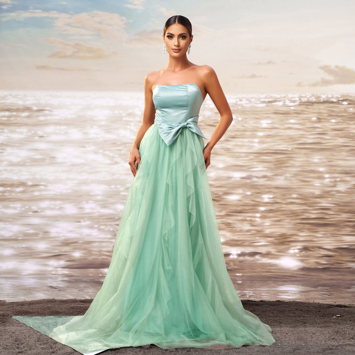 Women Clothing Sleeveless Wrapped Chest Slim Waist Cocktail Wide Hem Gauzy Evening Dress