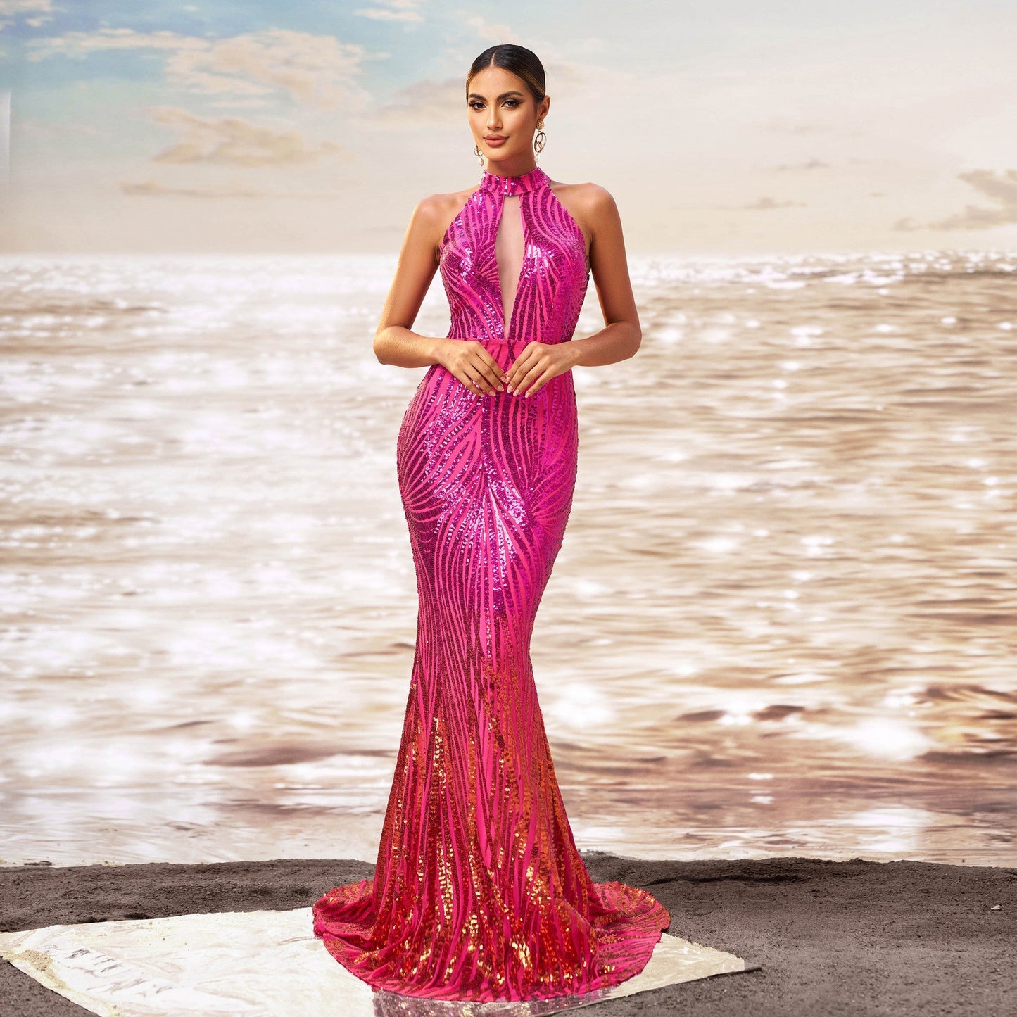 Women Clothing round Neck off the Shoulder Slim Fit Sheath Sequined Cocktail Fishtail Evening Dress
