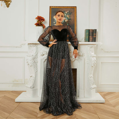 Long Sleeved round Neck Cocktail Sequin Gauze Large Swing Evening Dress Bridesmaid Dress Women