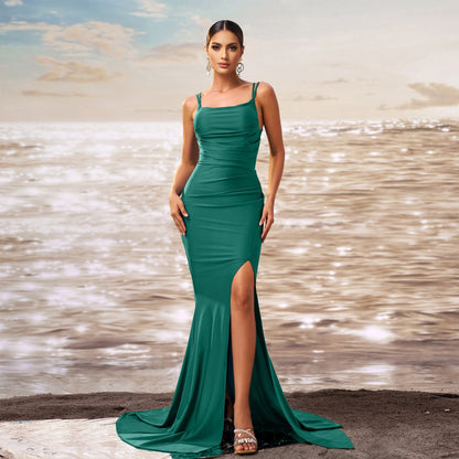Sling off Neck Slim Fit Sheath Split Cocktail Fishtail Evening Dress Women