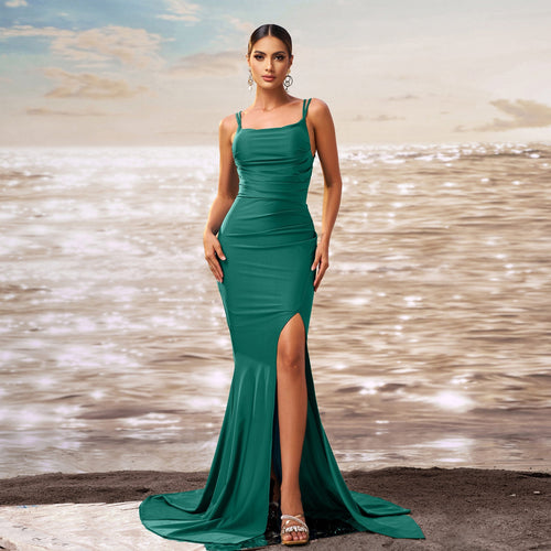 Sling off Neck Slim Fit Sheath Split Cocktail Fishtail Evening Dress Women