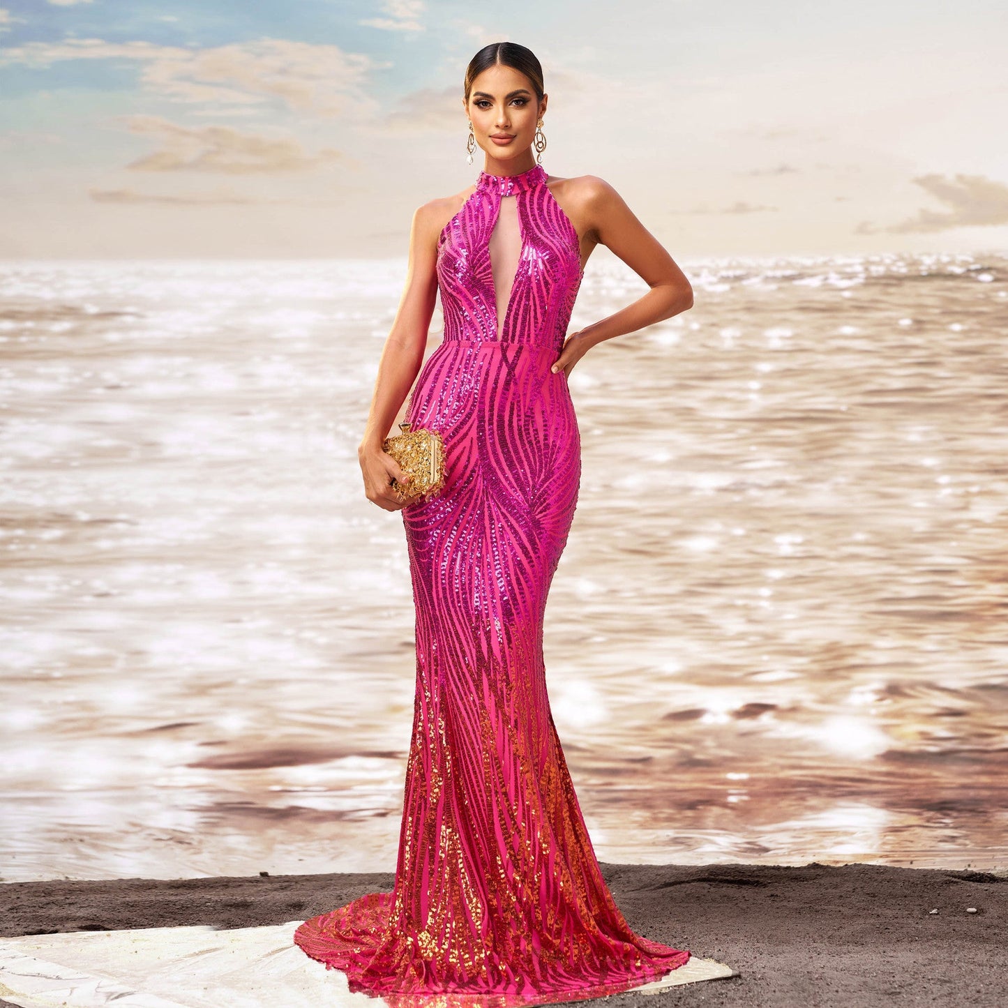 Women Clothing round Neck off the Shoulder Slim Fit Sheath Sequined Cocktail Fishtail Evening Dress