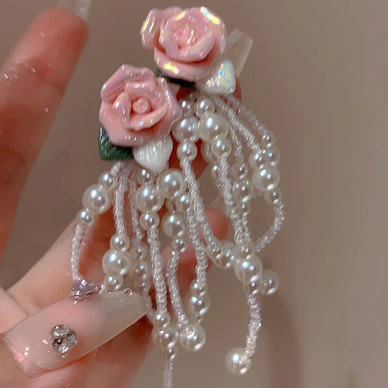 Korean Fashion Pink Flower Pearl Tassel Earrings for Women Luxury Fairy Jewelry