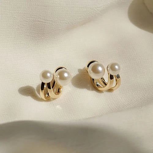 Simple C Shape Baroque Geometric Hoop Earrings for Women with Pearl Accent