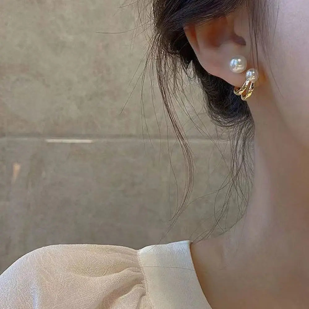 Simple C Shape Baroque Geometric Hoop Earrings for Women with Pearl Accent