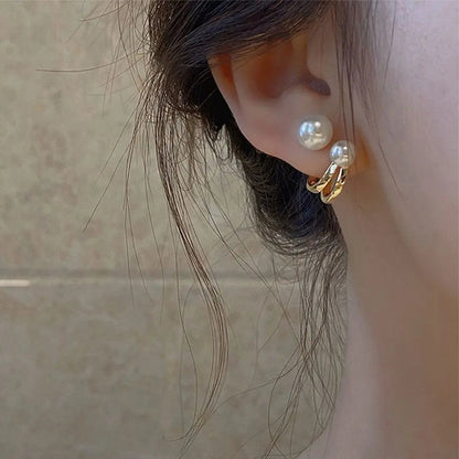 Simple C Shape Baroque Geometric Hoop Earrings for Women with Pearl Accent