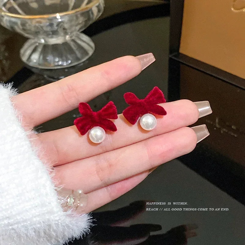 LIZAKOSHT Winter Pearl Bowknot Stud Earrings for Women Happy New Year Gift Jewelry