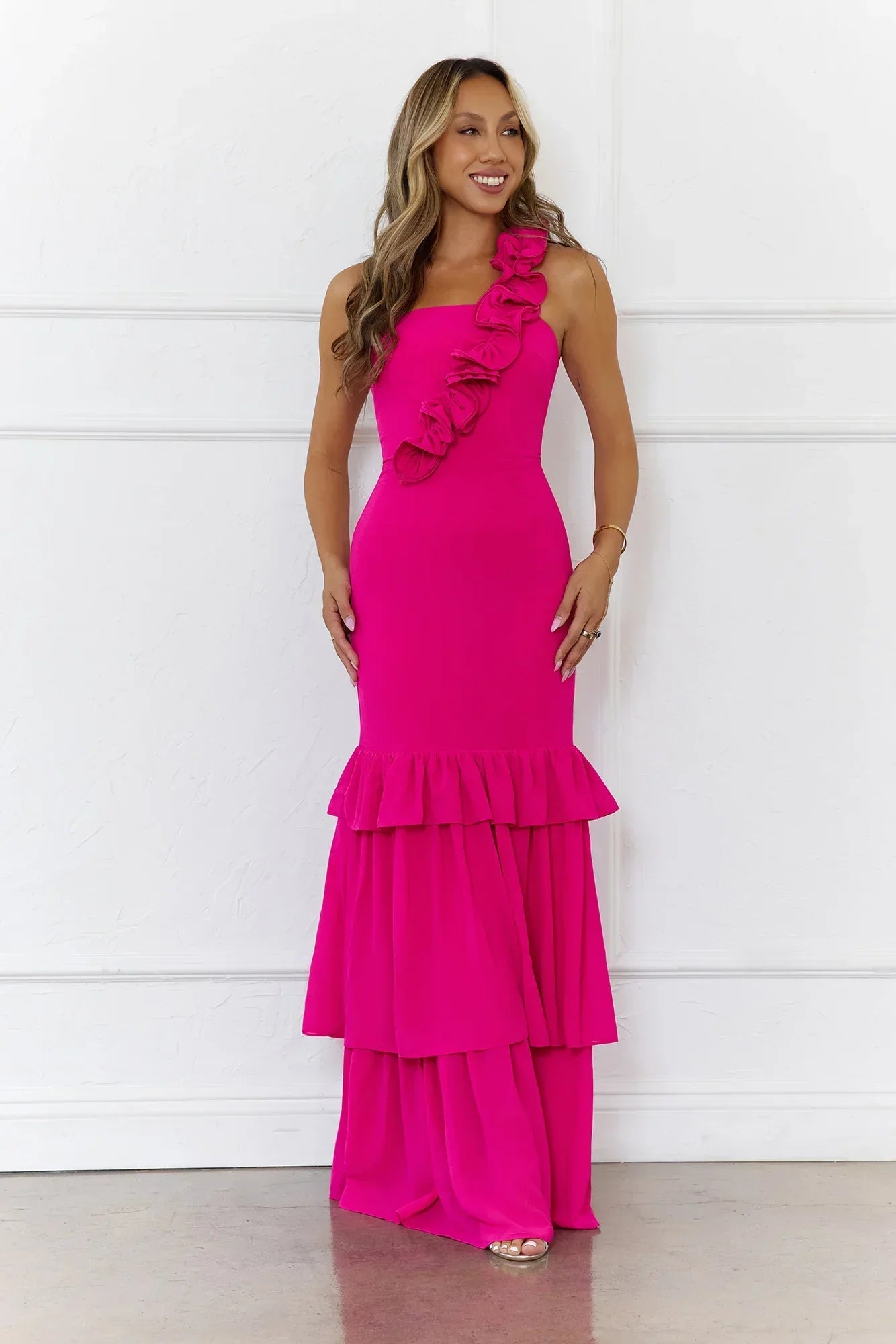 Blooming In Summer One Shoulder Maxi Dress Pink